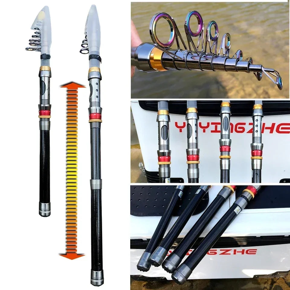 Spinning Fishing Rod and Reel Combo 1.8-3.6m Carbon Fiber Sea Pole and 5.2:1 Gear Ratio Metal Spool with Line Kits for Bass Carp