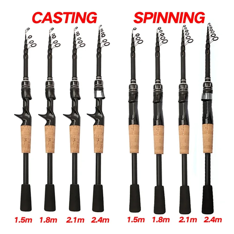 Telescopic Lure Rod 1.5M 1.8M 2.1M 2.4M Carbon Spinning Rod Baitcasting Fishing Pole 8g-25g Wooden Handle Casting Fishing Tackle